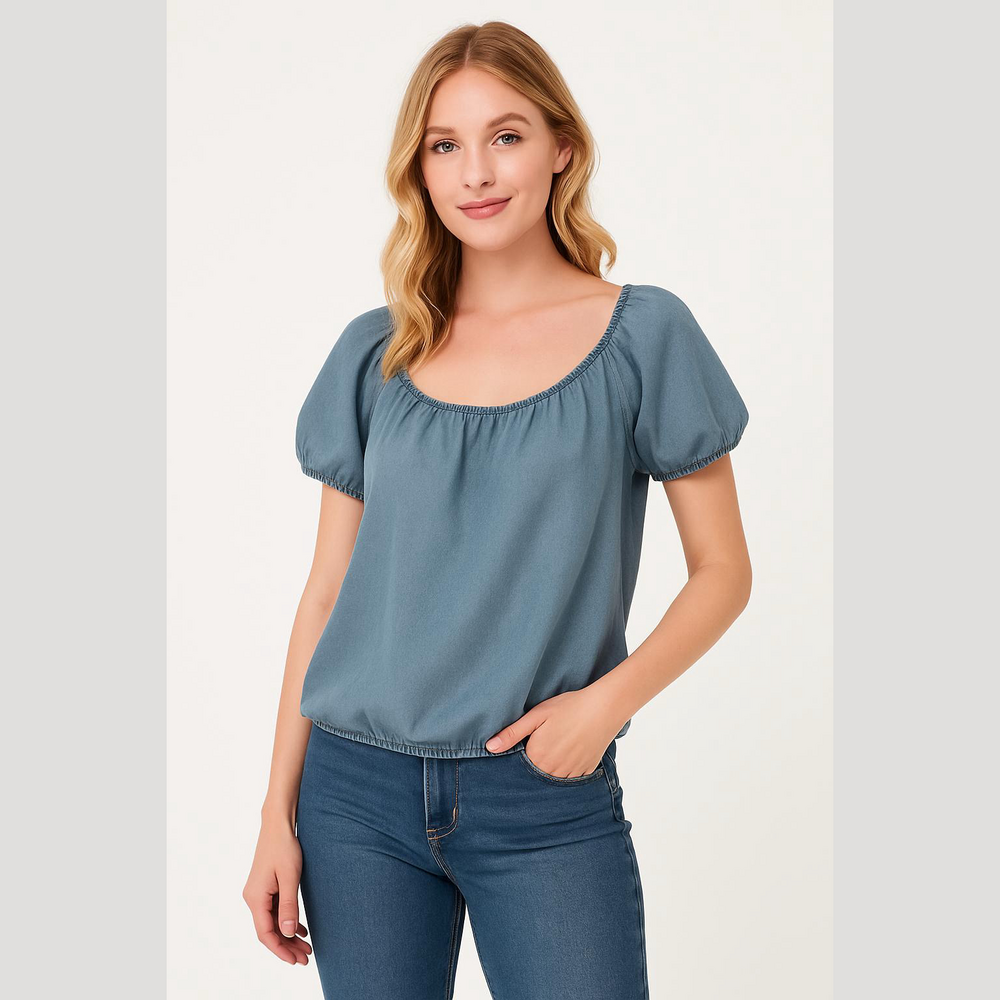 Express Women's Blue Chambray Off-Shoulder Puff Sleeve Top Size L